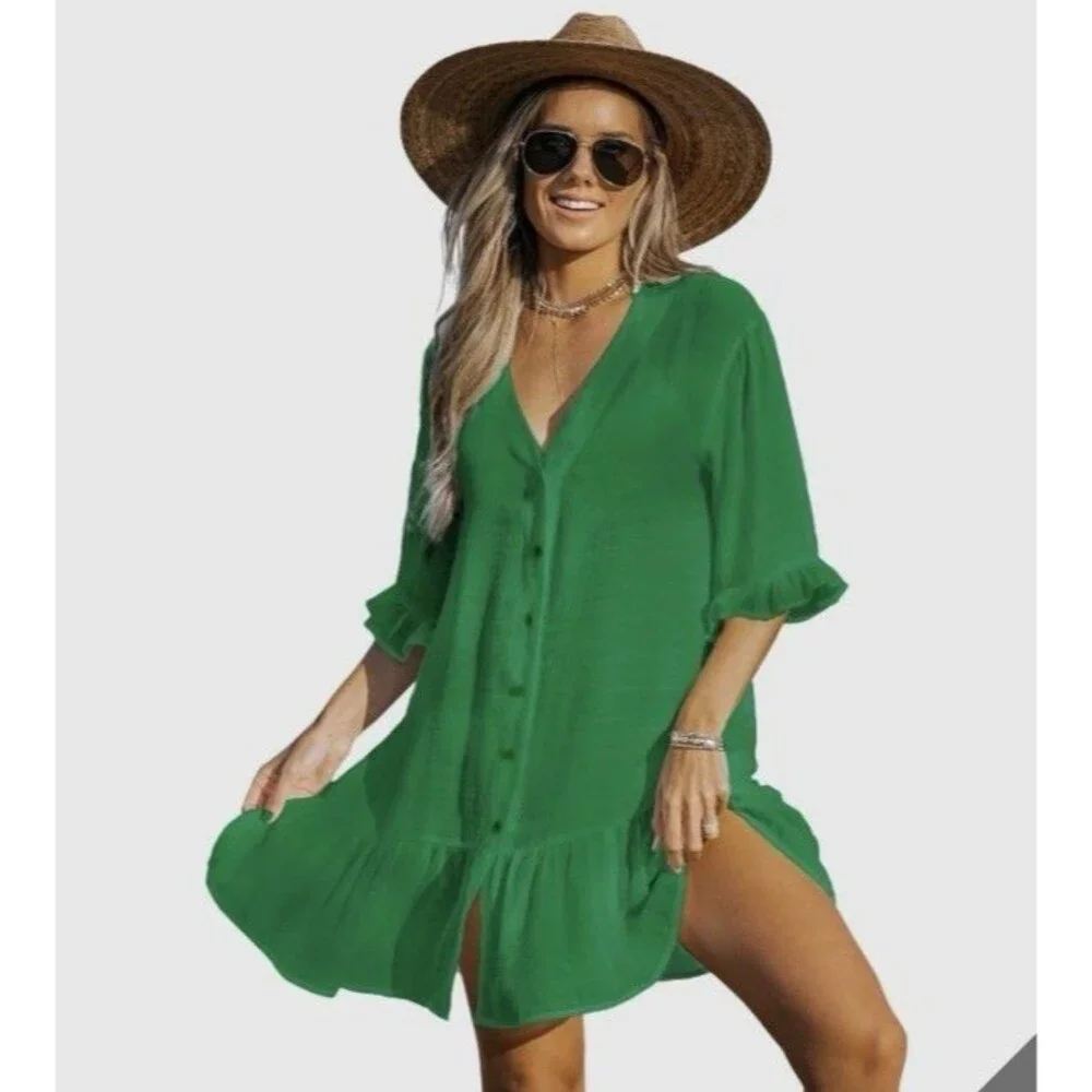 NWT Cupshe Emerald Green Ruffled Button-Front Cover-Up Dress Size Large